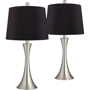 360 Lighting Gerson Modern Table Lamps 24" High Set of 2 Brushed Nickel Silver LED Black Faux Silk Drum Shade for Bedroom Living Room Bedside Office - 1 of 4