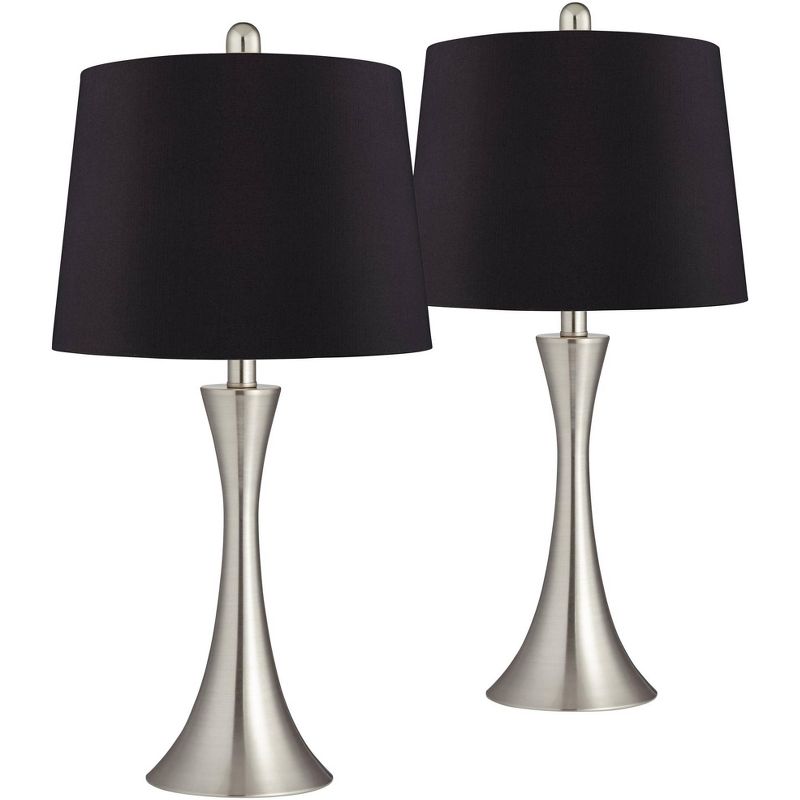 360 Lighting Gerson Modern Table Lamps 24" High Set of 2 Brushed Nickel Silver LED Black Faux Silk Drum Shade for Bedroom Living Room Bedside Office, 1 of 7