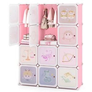 Costway 12-Cube Kids Wardrobe Baby Dresser Bedroom Armoire Clothes Hanging Closet with Doors Pink/Green - 1 of 4