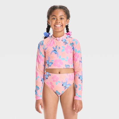 Girls' Stitch Floral Printed Rash Guard Set - Coral Pink