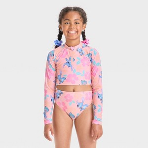 Girls' Stitch Floral Printed Rash Guard Set - Coral Pink - 1 of 3