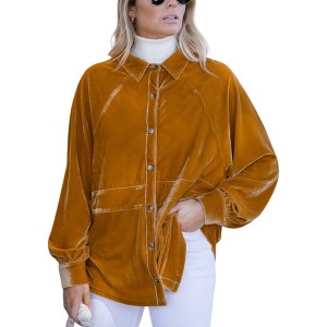 Amaryllis Women's Velvet Button-Down Shirt with Balloon Sleeves Oversized Fit Stylish Collar Detailed Stitching - 1 of 4