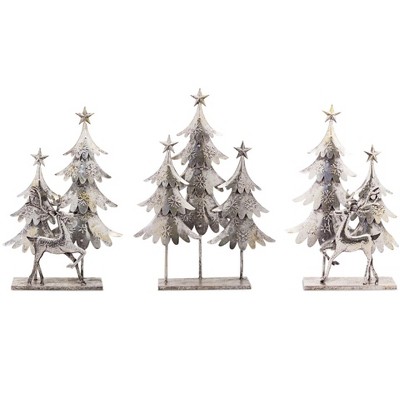 Silver Metal Deer with Christmas Trees Decor Set Hammered Finish – Set of 3 by Melrose
