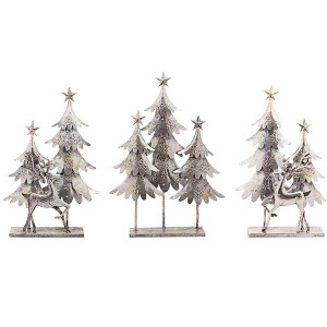 Silver Metal Deer with Christmas Trees Decor Set Hammered Finish – Set of 3 by Melrose - 1 of 3
