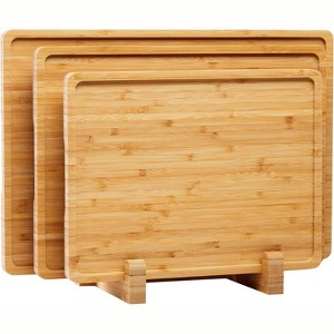 Bamboo Wood Cutting Boards Set of 3 with Holder – Kitchen Chopping Boards with Inner Handle and Deep Juice Groove, Serving Trays for Fruits, Meats - 1 of 4