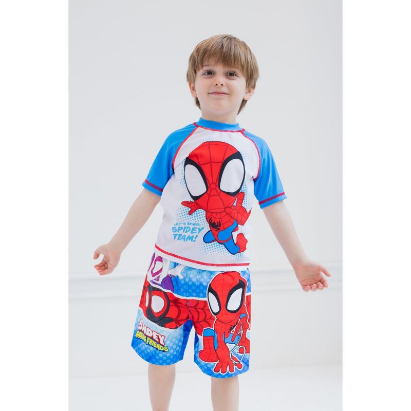 Marvel Spidey and His Amazing Friends Ghost-Spider Miles Morales Spider-Man Rash Guard and Swim Trunks Outfit Set Toddler, 2 of 8