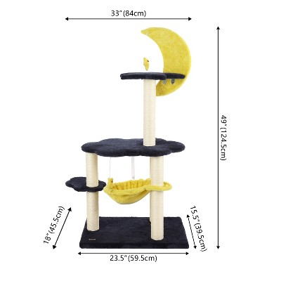 Aurora 49" 3-Tier Navy and Yellow Sisal Cat Tree with Moon and Stars