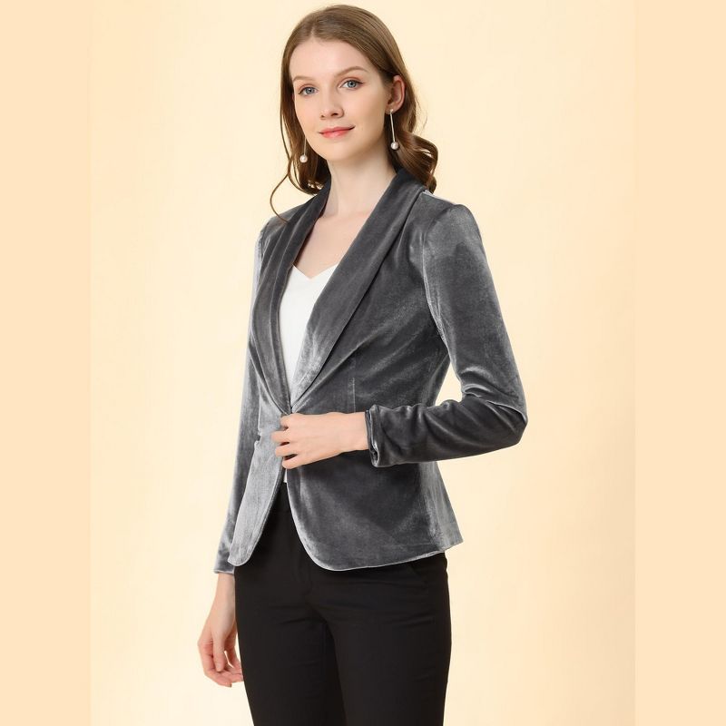 Allegra K Women's Office Solid Shawl Collar Jetted Pockets One Button Velvet Blazer, 4 of 8