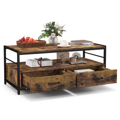 Tangkula Coffee Table w/ Storage Drawers & Shelf Rectangular Industrial Home Tea Table Heavy-duty Metal Frame Center Cocktail Table