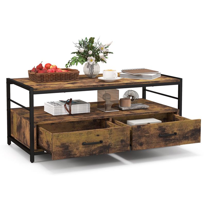 Tangkula Coffee Table w/ Storage Drawers & Shelf Rectangular Industrial Home Tea Table Heavy-duty Metal Frame Center Cocktail Table, 1 of 8