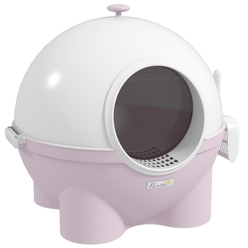 PawHut Hooded Cat Litter Box, Large Kitty Litter Pan with Lid, Scoop, Leaking Sand Pedal, Top Handle, Light Pink, 4 of 7