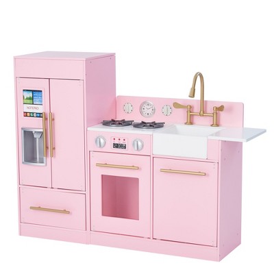 Teamson Kids Little Chef Charlotte All-in-One Modern Modular Pretend Play Kitchen with Accessories, Ice Dispenser, Oven, Microwave, Pink/Gold