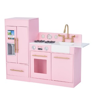 Teamson Kids Little Chef Charlotte All-in-One Modern Modular Pretend Play Kitchen with Accessories, Ice Dispenser, Oven, Microwave, Pink/Gold - 1 of 4
