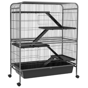 PawHut 53.5" H Small Animal Cage, 5-Level Metal Ferret or Bunny Cage with Wheels, Chinchilla Cage with Removable Tray, 2 Front Doors, Ramps, Gray - 1 of 4