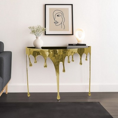 Royal Hampton Sofa Console Table | 36.25" Half Moon Glass Top | Melting Drip Design | Aluminum Cast