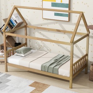 RISOKEYS Twin Size Bed Frame with Headboard and Footboard, Low Rubberwood House Bed for Boys and Girls,No Box Spring Needed - 1 of 4