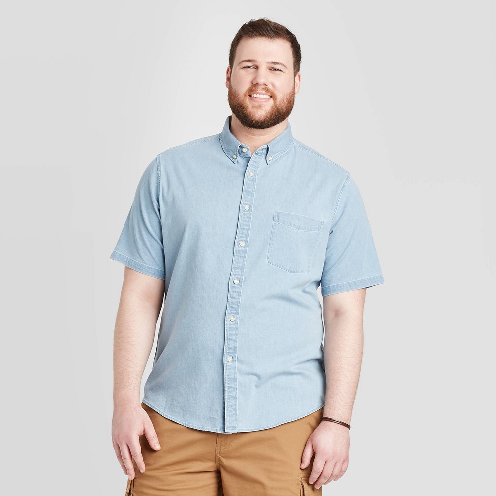 Men's Tall Standard Fit Short Sleeve Denim Shirt - Goodfellow & Co Light Wash MT, Men's, Light Blue was $19.99 now $12.0 (40.0% off)