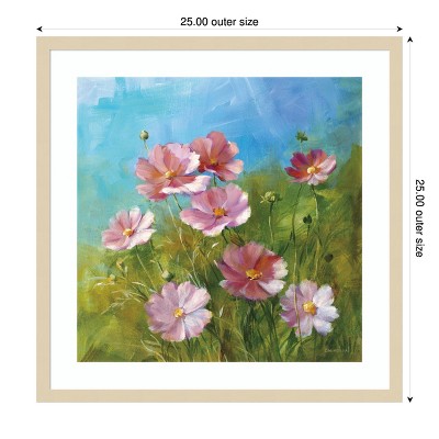 Summer Field Pink and Green Botanical Lithograph with Wood Frame