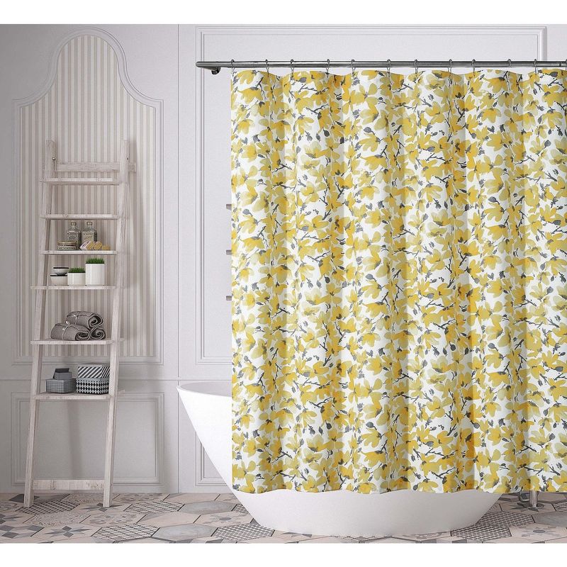 Kate Aurora Shabby Chic Yellow & Gray Floral Fabric Shower Curtain - Standard Size, 1 of 2