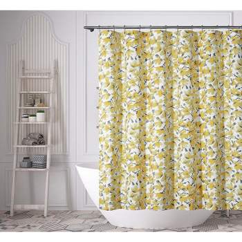 Kate Aurora Shabby Chic Yellow & Gray Floral Fabric Shower Curtain - Standard Size
