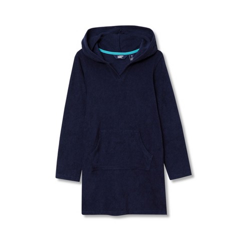 Lands' End Kids Long Sleeve Hooded Front Pocket Terry Cloth Swimsuit Cover-Up - Large - Deep Sea Navy