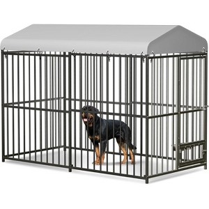 Outdoor Heavy Duty Metal Dog Cage Kennel with Rotating Feeding Bowl, Waterproof Roof Cover and Lock for All Dog Breeds - 1 of 4