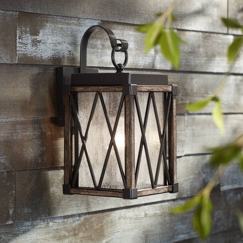 Possini Euro Design Brawley Rustic Industrial Outdoor Wall Light Fixture Bronze Wood Grain 13 1/2" Clear Seedy Glass for Post Exterior Barn Deck House, 2 of 8