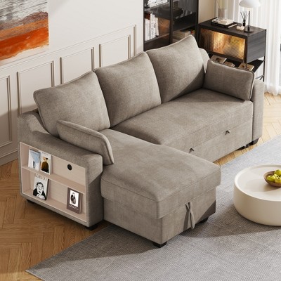 90" Pull Out Sleeper Sofa with Storage Chaise, L-Shaped Convertible Sofa Bed with Storage Racks and USB Ports 4M - ModernLuxe