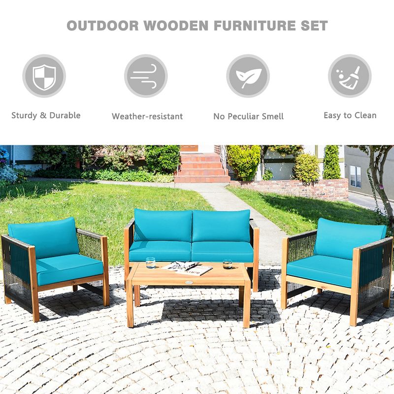 Costway 8PCS Wooden Patio Furniture Set Cushioned Sofa W/Rope Armrest White\Turquoise\Red, 5 of 11