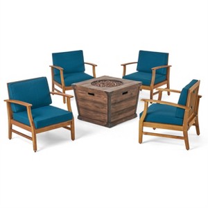 GDFStudio Belle Outdoor Acacia Wood 5 Piece Club Chair and Fire Pit Set with Cushions - 1 of 4