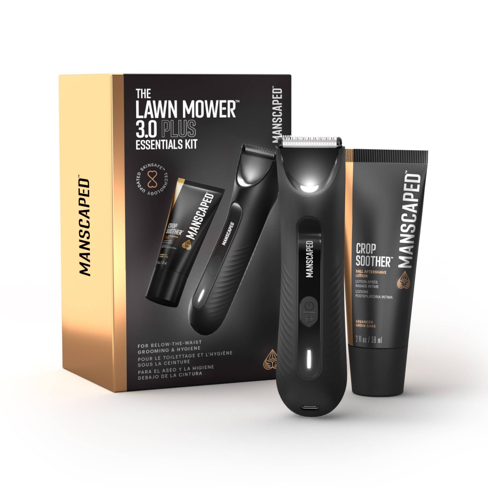 MANSCAPED The Lawn Mower 3.0 Plus Essentials Shaving Kit, SkinSafe Electric Groin and Body Hair Trimmer, Men's Grooming Gift Set