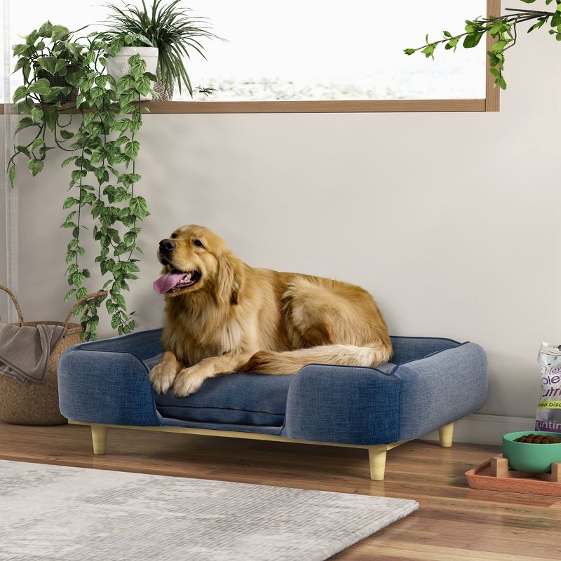 PawHut Dog Sofa, Raised Dog Couch with Comfortable Cushion, Pine Wood Legs, Foot Pads, Pet Sofa for Large-Sized Dogs Indoor Use, Dark Blue, 2 of 7
