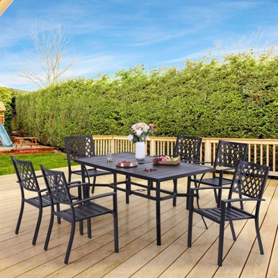7pc Patio Dining Set with Rectangle Table with 2.6" Umbrella Hole & Steel Arm Chairs - Black - Captiva Designs