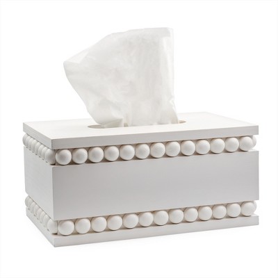 AuldHome Design Beaded Tissue Box Cover White; Rustic Farmhouse Wood Tissue Holder