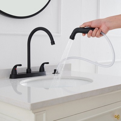 Matte Black Double Handle Bridge Kitchen Faucet with Pull-out Spray