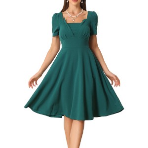 Allegra K Women's Vintage Square Neck Short Sleeve High Waist Elegant Dresses - 1 of 4