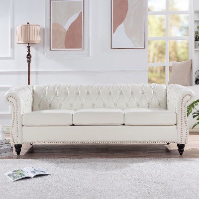 CAVINAS Chesterfield Sofa with Rolled Arm, Modern PU Leather 3 Seater Sofa Couch, Upholstered Vintage Couch for Living Room