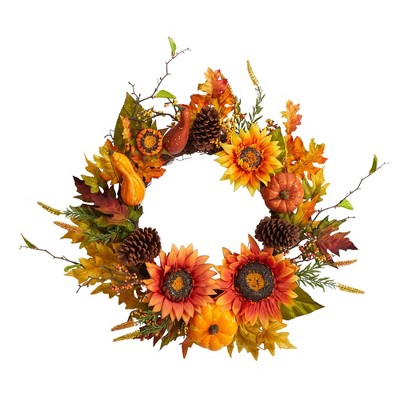 Nearly Natural 24” Fall Sunflower, Pumpkin, Gourds, Pinecone and Berries Autumn Artificial Wreath