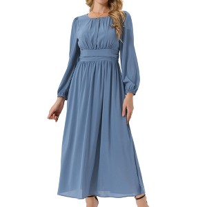 INSPIRE CHIC Women's Crewneck Lantern Long Sleeves A-Line Pleated Chiffon Maxi Formal Dress - 1 of 4
