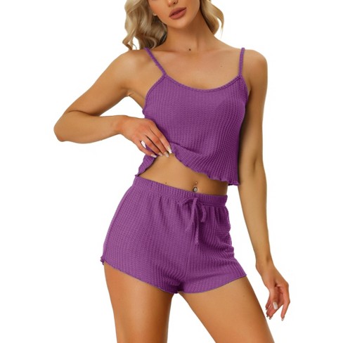 Cheibear Womens Pajama Sleepwear Button Down With Capri Pants Satin Lounge  Pjs Set Purple Medium : Target