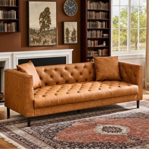 Mid-Century Modern 3 Seater Sofa, Chesterfield Sofa with Deep Seats and 2 Pillows, Leather Couch with Button Tufted - 1 of 4