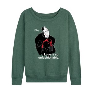 Women's - Disney Villains - Cruella De Vil Love Unfasionable Lightweight French Terry Wide Neck Long Sleeve Shirt - 1 of 4