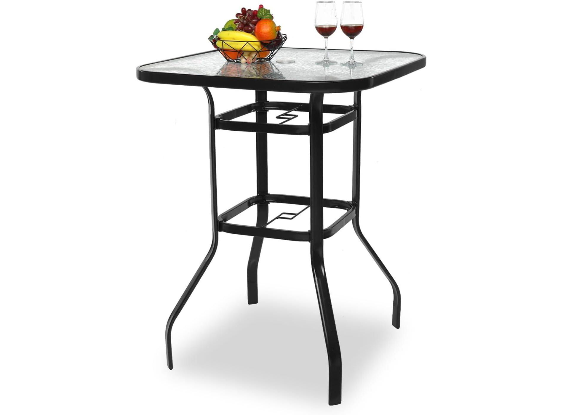 VINGLI Outdoor Bar Table with Umbrella Hole, Modern Black Metal Patio Bar Table, High Top Table for Outdoor Relaxation and Home Entertaining Black