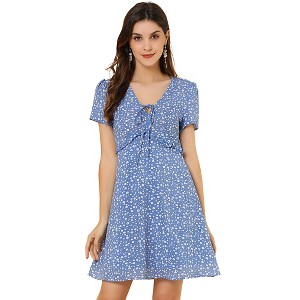 Allegra K Women's Regular Fit Floral Ruffle Trim Tie V Neck Shorts Sleeves Mini Dress - 1 of 4