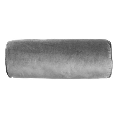 7"x18" Luxe Velvet Neckroll Pillow with Piping and Button Gray - Edie@Home
