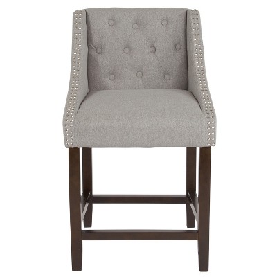 32" Light Gray Tufted Fabric Counter Stool with Walnut Wood Frame