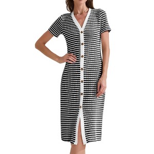 INSPIRE CHIC Women's Button Down V-Neck Short Sleeve Striped Ribbed Knit Midi Dresses - 1 of 4