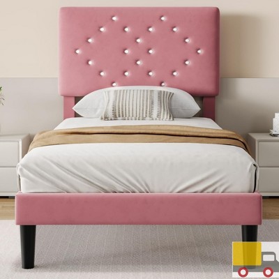 Jojoka Velvet Upholstered Platform Bed Frame with Tufted Headboard, Wooden Slats Support, Under Bed Storage, No Box Spring Needed