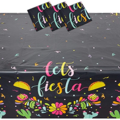 Sparkle and Bash 3 Pack Let's Fiesta Disposable Plastic Tablecloth for Cinco de Mayo Black, 54 x 108 In