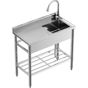 Stainless steel sink, Free Standing Stainless-Steel Single Bowl with Workbench, Utility Sink with Cold & Hot Water Pipe for Kitchen, Bar, Garage - 1 of 4
